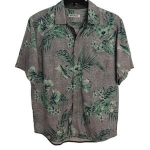 Tommy Bahama Silk Hawaiian Shirt Mens Size Large Floral Palm Leaves Beach Aloha